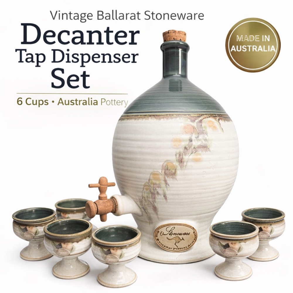 Vintage Ballarat Australia Stoneware Decanter Tap Dispenser w/ 6 Cups Pottery